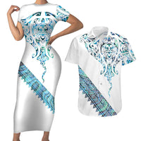 Kahui Whetu Paua shell Kowhaiwhai Taniko Personalised Couples Matching Short Sleeve Bodycon Dress and Hawaiian Shirt Manta Ray Shark-Turtle Maori Tribal Style LT9 Blue - Polynesian Pride