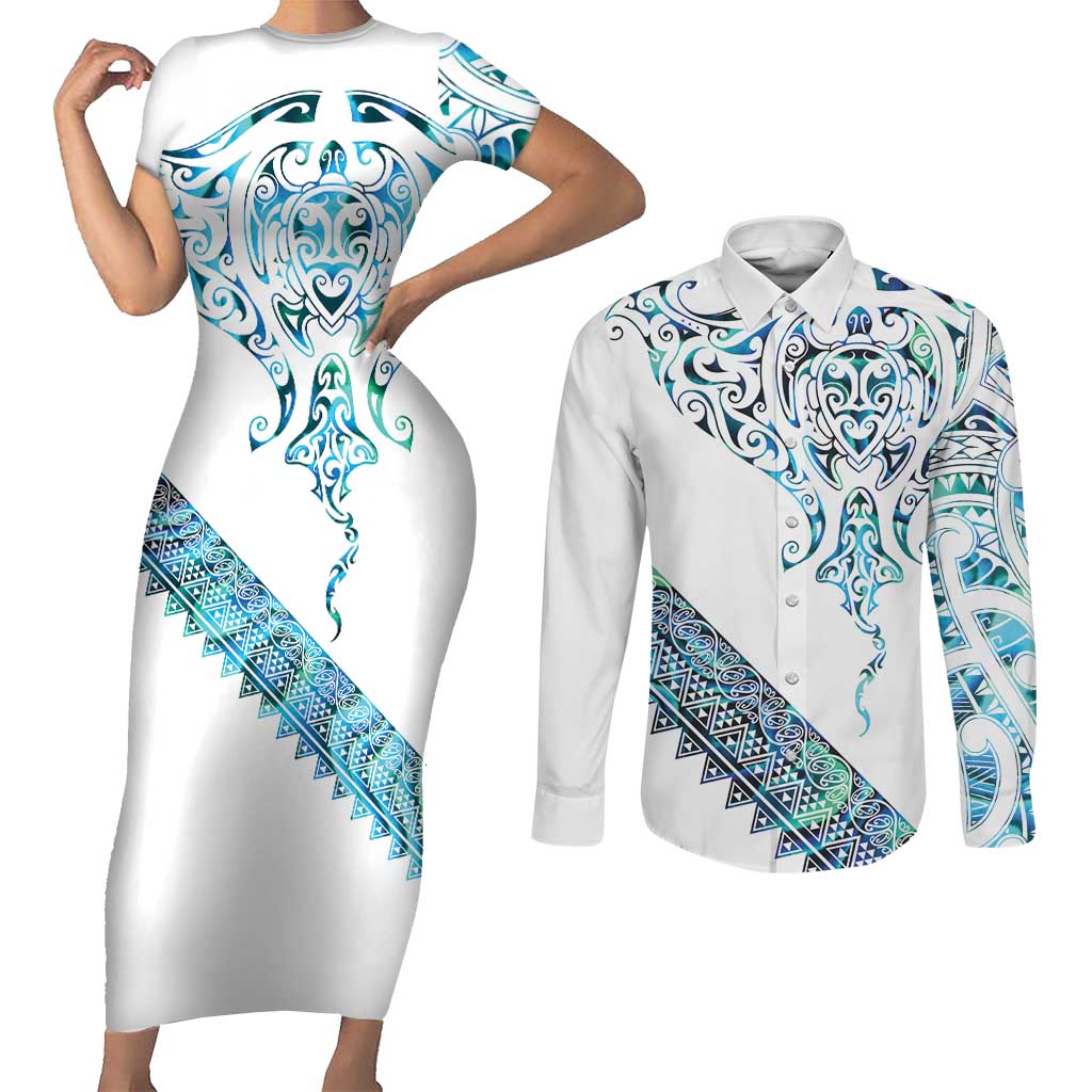 Kahui Whetu Paua shell Kowhaiwhai Taniko Personalised Couples Matching Short Sleeve Bodycon Dress and Long Sleeve Button Shirt Manta Ray Shark-Turtle Maori Tribal Style