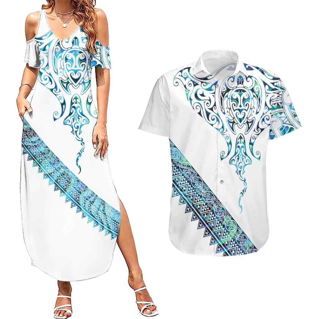 Kahui Whetu Paua shell Kowhaiwhai Taniko Personalised Couples Matching Summer Maxi Dress and Hawaiian Shirt Manta Ray Shark-Turtle Maori Tribal Style LT9 Blue - Polynesian Pride