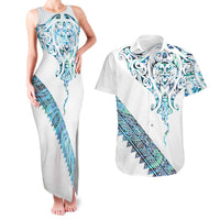 Kahui Whetu Paua shell Kowhaiwhai Taniko Personalised Couples Matching Tank Maxi Dress and Hawaiian Shirt Manta Ray Shark-Turtle Maori Tribal Style LT9 Blue - Polynesian Pride