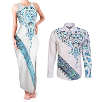 Kahui Whetu Paua shell Kowhaiwhai Taniko Personalised Couples Matching Tank Maxi Dress and Long Sleeve Button Shirt Manta Ray Shark-Turtle Maori Tribal Style LT9 Blue - Polynesian Pride