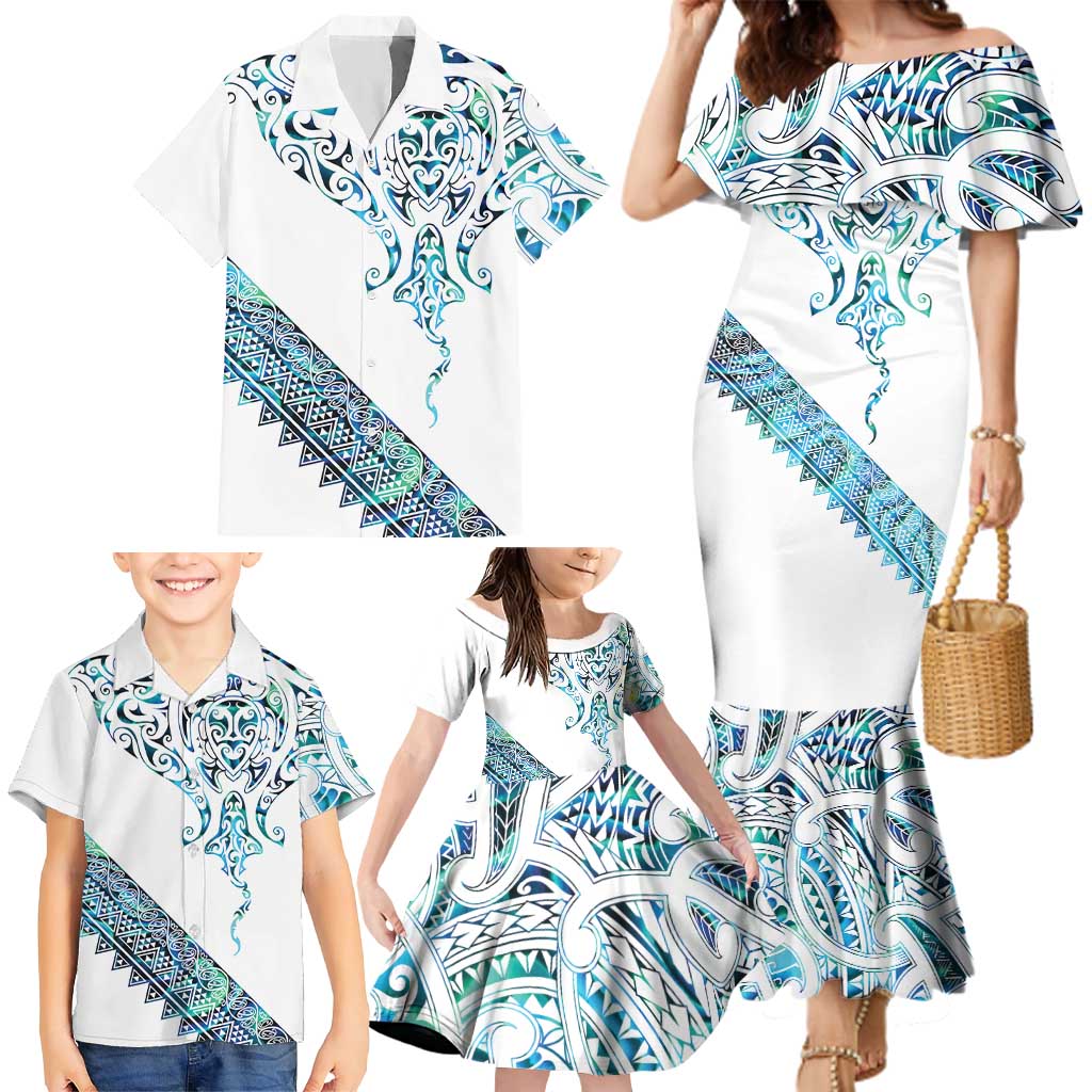 Kahui Whetu Paua shell Kowhaiwhai Taniko Personalised Family Matching Mermaid Dress and Hawaiian Shirt Manta Ray Shark-Turtle Maori Tribal Style
