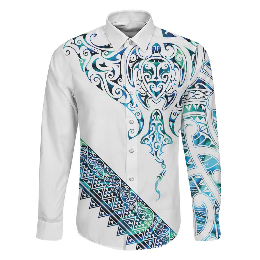 Kahui Whetu Paua shell Kowhaiwhai Taniko Personalised Family Matching Off The Shoulder Long Sleeve Dress and Hawaiian Shirt Manta Ray Shark-Turtle Maori Tribal Style LT9 Dad's Shirt - Long Sleeve Blue - Polynesian Pride
