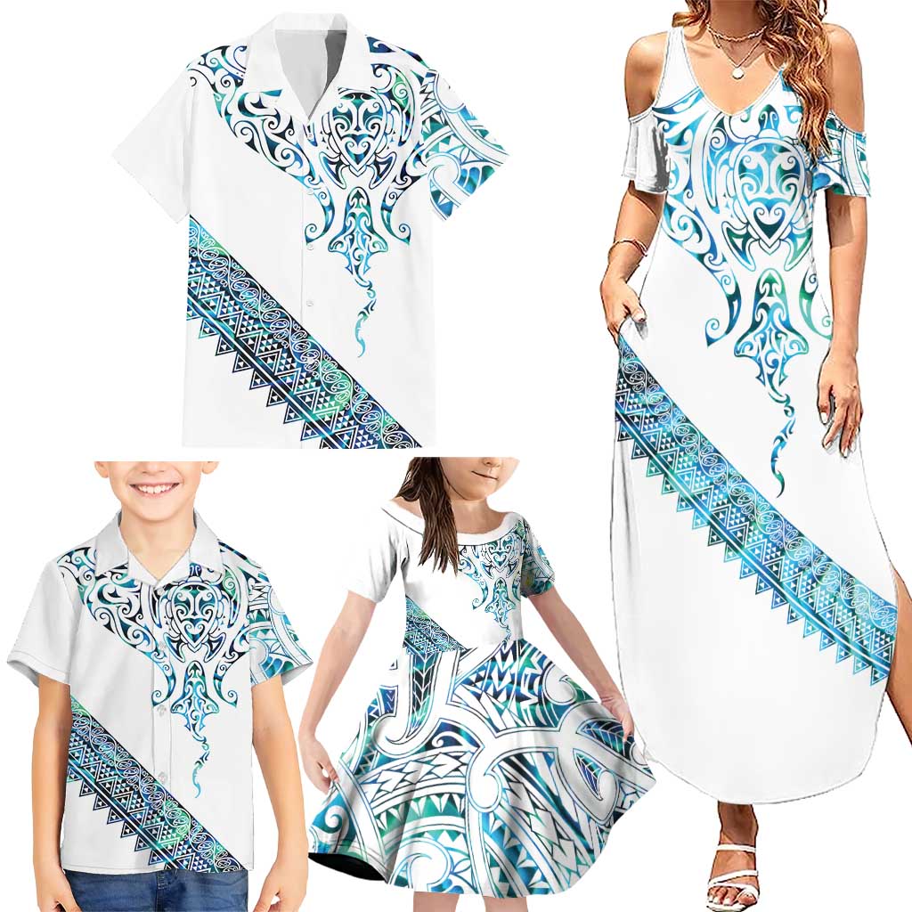 Kahui Whetu Paua shell Kowhaiwhai Taniko Personalised Family Matching Summer Maxi Dress and Hawaiian Shirt Manta Ray Shark-Turtle Maori Tribal Style