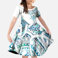 Kahui Whetu Paua shell Kowhaiwhai Taniko Personalised Kid Short Sleeve Dress Manta Ray Shark-Turtle Maori Tribal Style LT9 KID Blue - Polynesian Pride