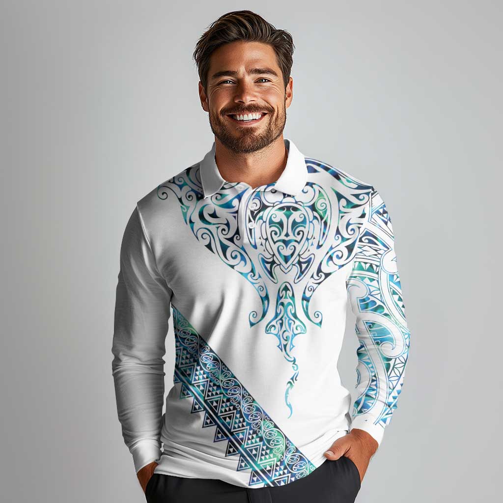 Kahui Whetu Paua shell Kowhaiwhai Taniko Personalised Long Sleeve Polo Shirt Manta Ray Shark-Turtle Maori Tribal Style LT9 - Polynesian Pride