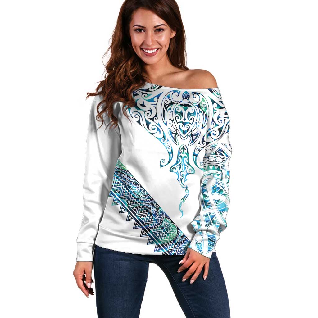 Kahui Whetu Paua shell Kowhaiwhai Taniko Personalised Off Shoulder Sweater Manta Ray Shark-Turtle Maori Tribal Style LT9 Women Blue - Polynesian Pride