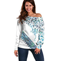 Kahui Whetu Paua shell Kowhaiwhai Taniko Personalised Off Shoulder Sweater Manta Ray Shark-Turtle Maori Tribal Style LT9 Women Blue - Polynesian Pride