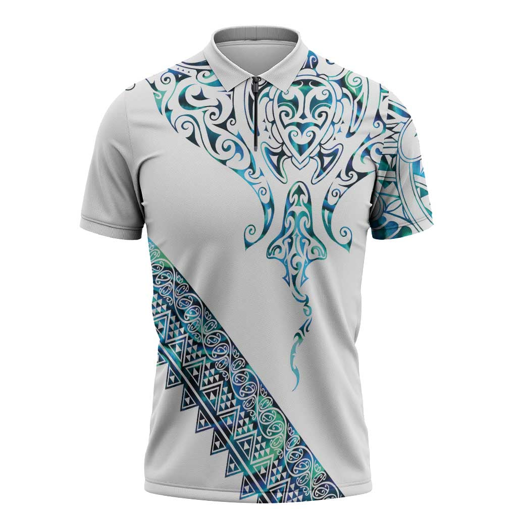 Kahui Whetu Paua shell Kowhaiwhai Taniko Personalised Zipper Polo Shirt Manta Ray Shark-Turtle Maori Tribal Style LT9 Blue - Polynesian Pride