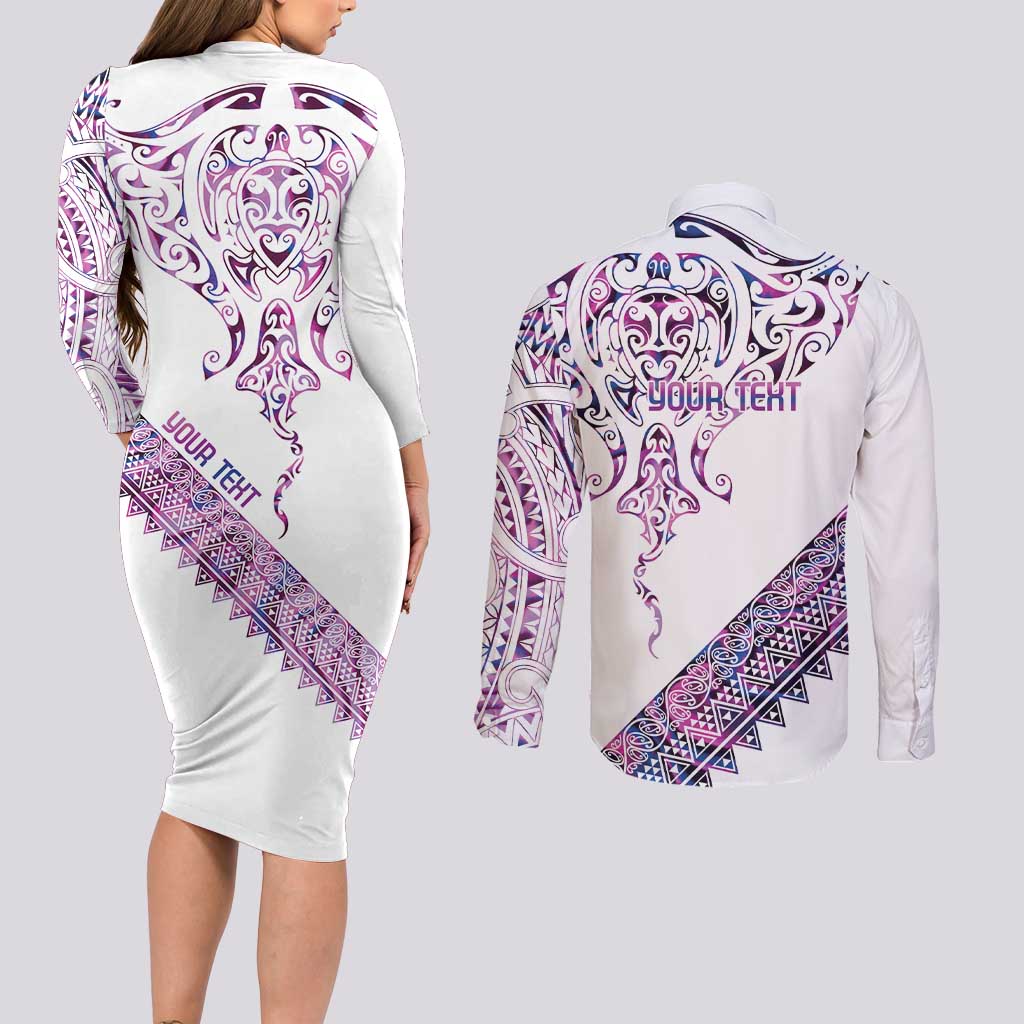 Mawhero Paua shell Kowhaiwhai Taniko Personalised Couples Matching Long Sleeve Bodycon Dress and Long Sleeve Button Shirt Manta Ray Shark-Turtle Maori Tribal Style LT9 - Polynesian Pride