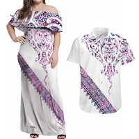 Mawhero Paua shell Kowhaiwhai Taniko Personalised Couples Matching Off Shoulder Maxi Dress and Hawaiian Shirt Manta Ray Shark-Turtle Maori Tribal Style LT9 Pink - Polynesian Pride