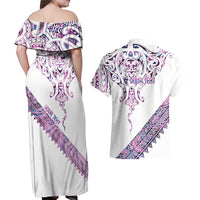 Mawhero Paua shell Kowhaiwhai Taniko Personalised Couples Matching Off Shoulder Maxi Dress and Hawaiian Shirt Manta Ray Shark-Turtle Maori Tribal Style LT9 - Polynesian Pride