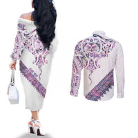 Mawhero Paua shell Kowhaiwhai Taniko Personalised Couples Matching Off The Shoulder Long Sleeve Dress and Long Sleeve Button Shirt Manta Ray Shark-Turtle Maori Tribal Style LT9 - Polynesian Pride