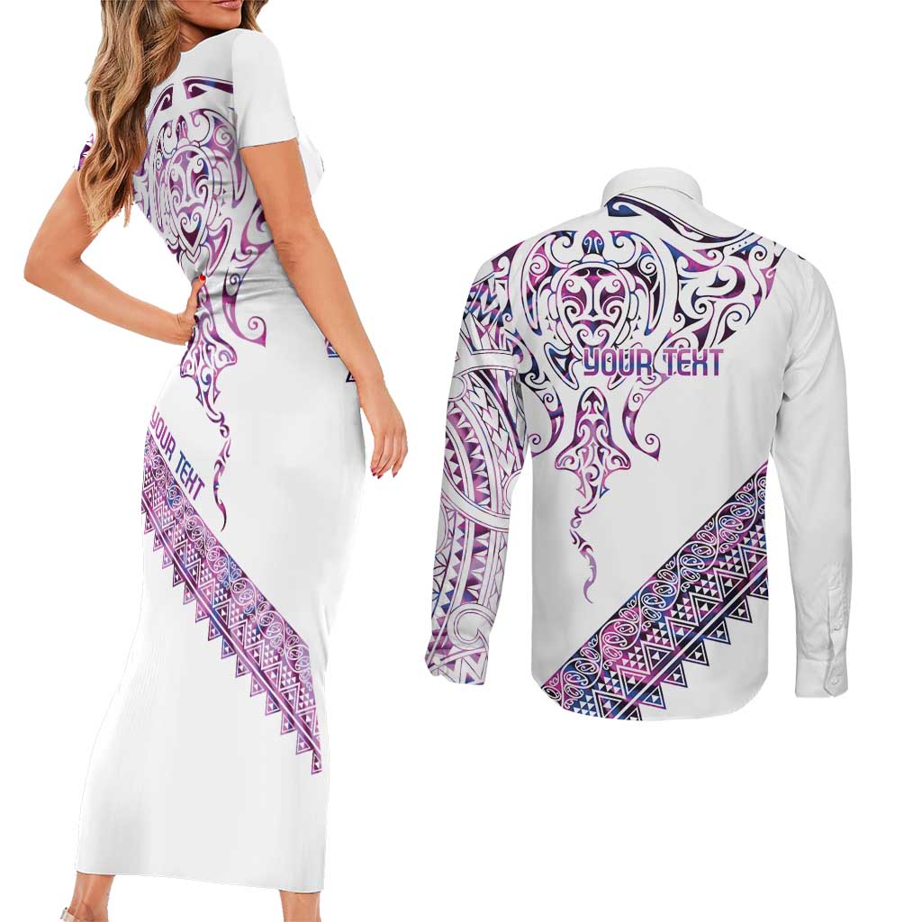 Mawhero Paua shell Kowhaiwhai Taniko Personalised Couples Matching Short Sleeve Bodycon Dress and Long Sleeve Button Shirt Manta Ray Shark-Turtle Maori Tribal Style LT9 - Polynesian Pride