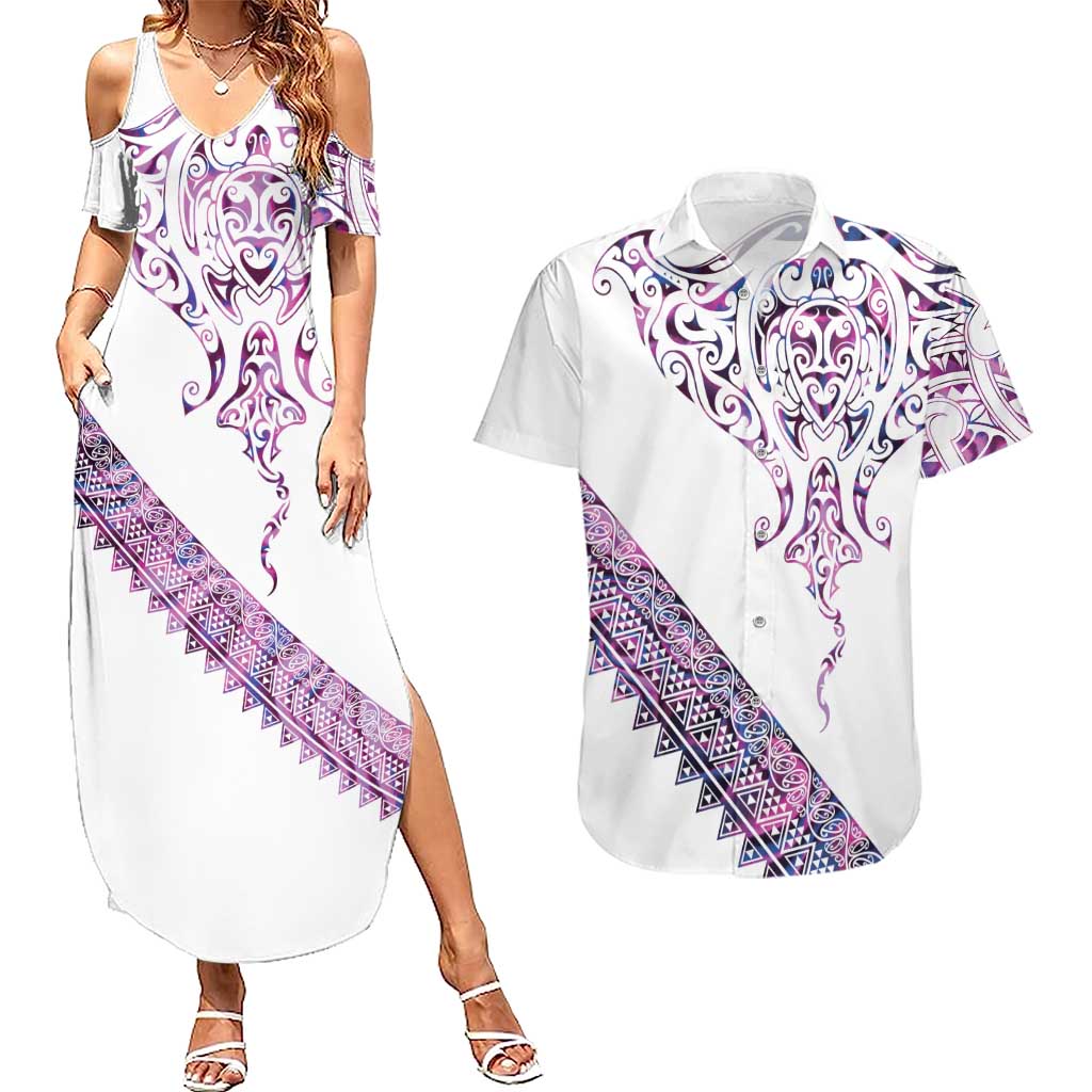 Mawhero Paua shell Kowhaiwhai Taniko Personalised Couples Matching Summer Maxi Dress and Hawaiian Shirt Manta Ray Shark-Turtle Maori Tribal Style LT9 Pink - Polynesian Pride
