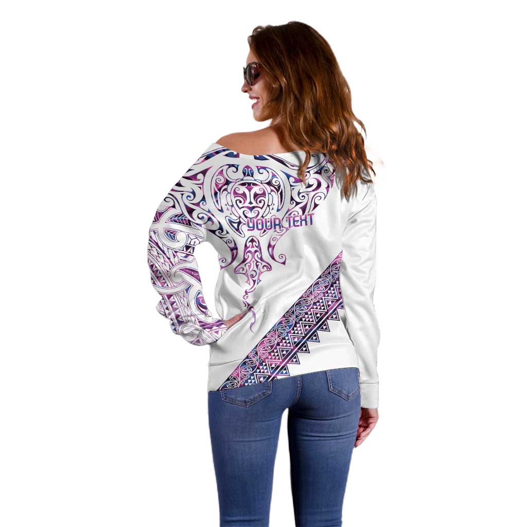 Mawhero Paua shell Kowhaiwhai Taniko Personalised Off Shoulder Sweater Manta Ray Shark-Turtle Maori Tribal Style