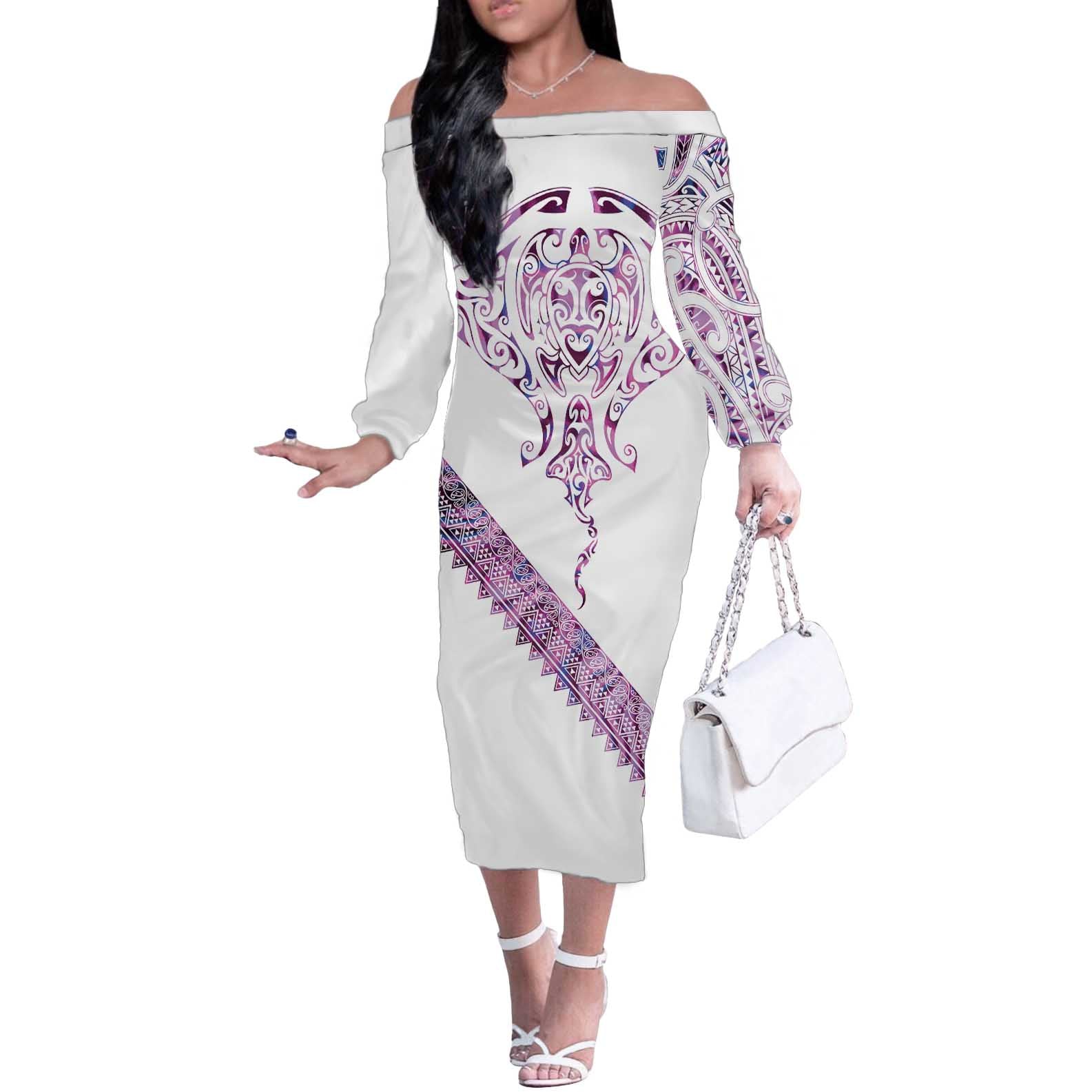 Mawhero Paua shell Kowhaiwhai Taniko Personalised Off The Shoulder Long Sleeve Dress Manta Ray Shark-Turtle Maori Tribal Style