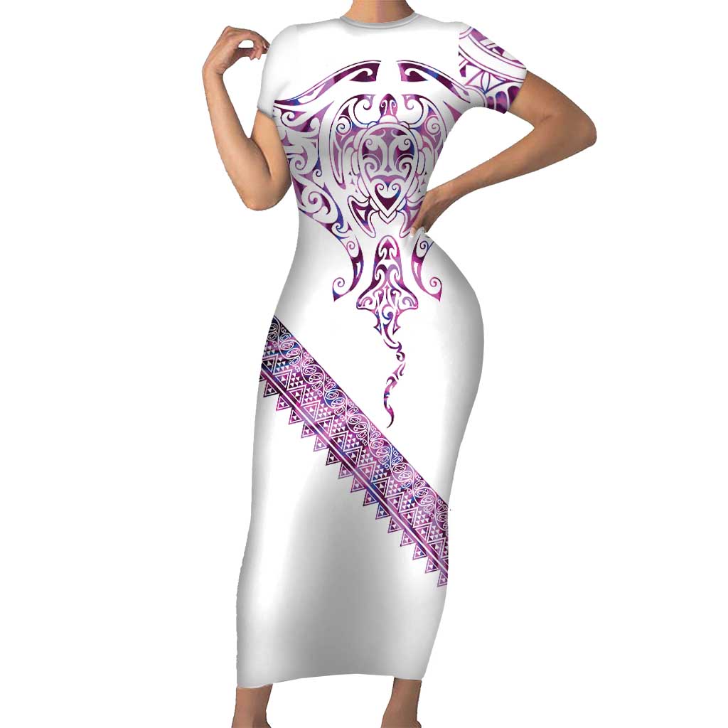Mawhero Paua shell Kowhaiwhai Taniko Personalised Short Sleeve Bodycon Dress Manta Ray Shark-Turtle Maori Tribal Style