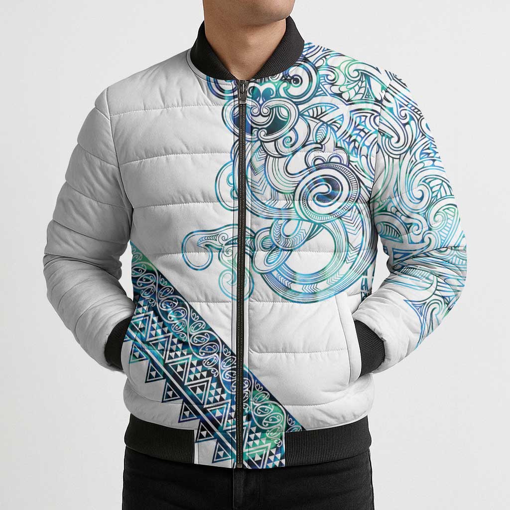 Kahui Whetu Paua shell Kowhaiwhai Taniko Personalised Bomber Puffer Jacket Taniwha Maori Tribal Style