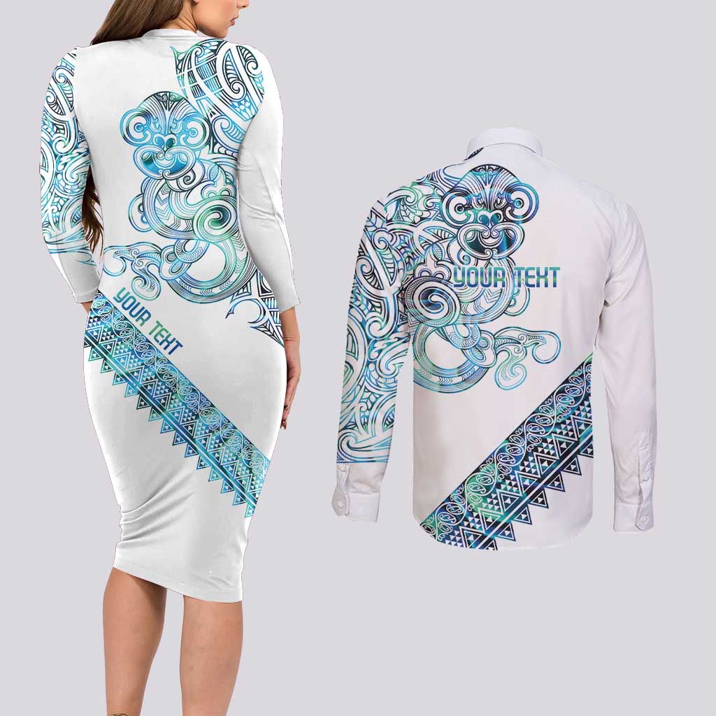 Kahui Whetu Paua shell Kowhaiwhai Taniko Personalised Couples Matching Long Sleeve Bodycon Dress and Long Sleeve Button Shirt Taniwha Maori Tribal Style LT9 - Polynesian Pride