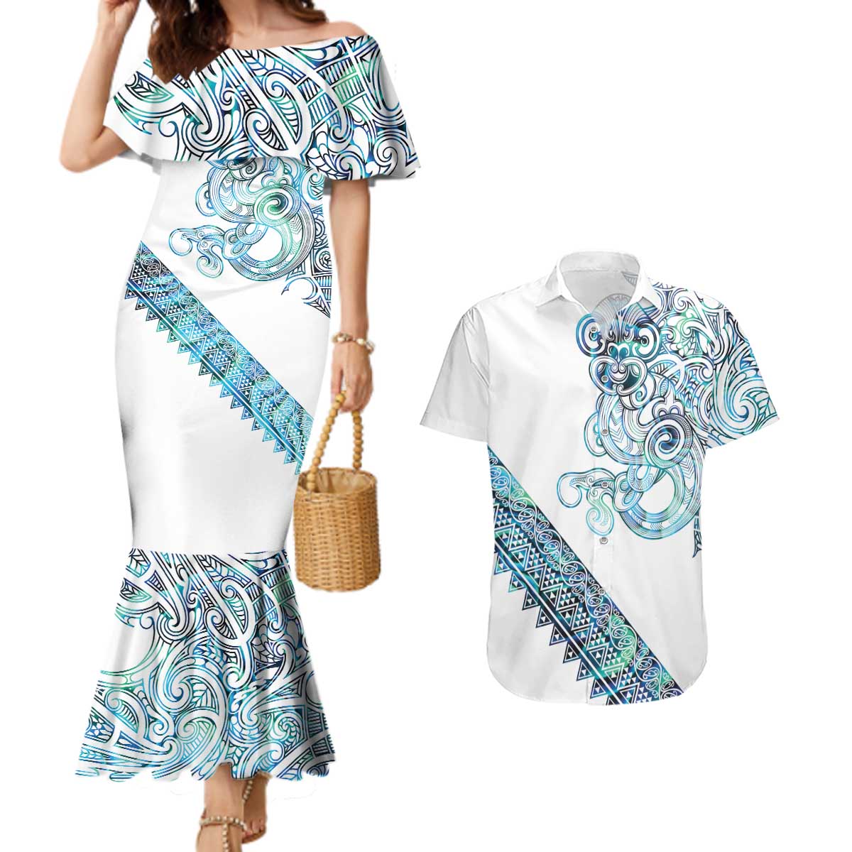 Kahui Whetu Paua shell Kowhaiwhai Taniko Personalised Couples Matching Mermaid Dress and Hawaiian Shirt Taniwha Maori Tribal Style LT9 Blue - Polynesian Pride