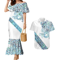Kahui Whetu Paua shell Kowhaiwhai Taniko Personalised Couples Matching Mermaid Dress and Hawaiian Shirt Taniwha Maori Tribal Style LT9 Blue - Polynesian Pride