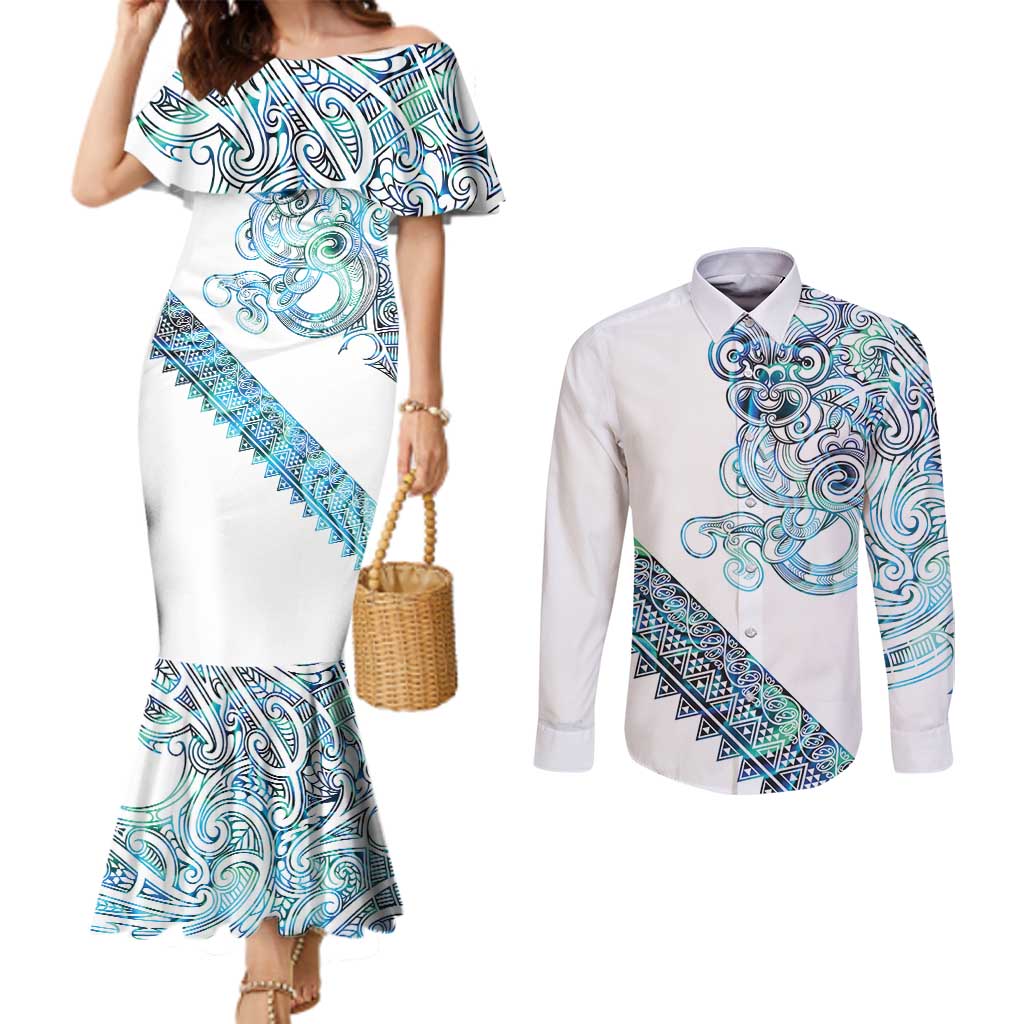 Kahui Whetu Paua shell Kowhaiwhai Taniko Personalised Couples Matching Mermaid Dress and Long Sleeve Button Shirt Taniwha Maori Tribal Style LT9 Blue - Polynesian Pride