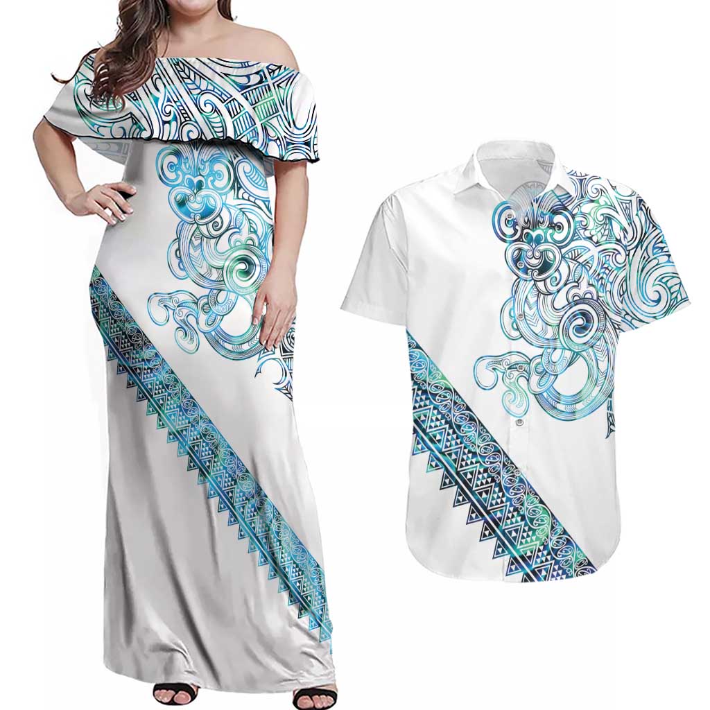 Kahui Whetu Paua shell Kowhaiwhai Taniko Personalised Couples Matching Off Shoulder Maxi Dress and Hawaiian Shirt Taniwha Maori Tribal Style