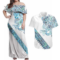 Kahui Whetu Paua shell Kowhaiwhai Taniko Personalised Couples Matching Off Shoulder Maxi Dress and Hawaiian Shirt Taniwha Maori Tribal Style LT9 Blue - Polynesian Pride