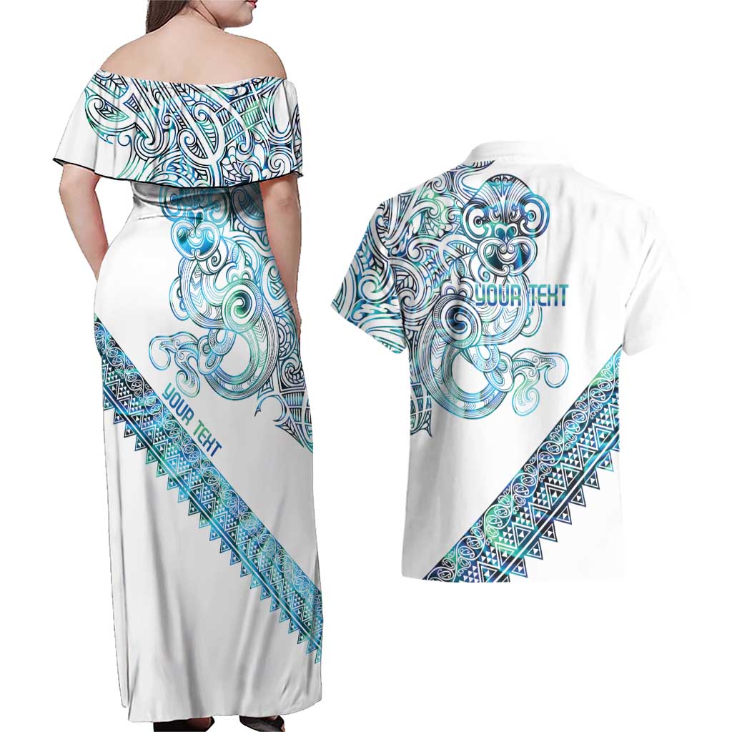 Kahui Whetu Paua shell Kowhaiwhai Taniko Personalised Couples Matching Off Shoulder Maxi Dress and Hawaiian Shirt Taniwha Maori Tribal Style LT9 - Polynesian Pride