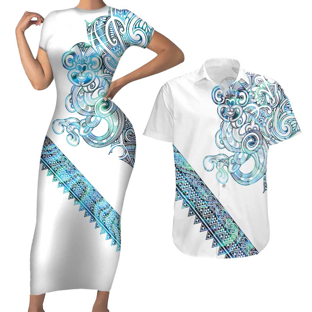 Kahui Whetu Paua shell Kowhaiwhai Taniko Personalised Couples Matching Short Sleeve Bodycon Dress and Hawaiian Shirt Taniwha Maori Tribal Style LT9 Blue - Polynesian Pride