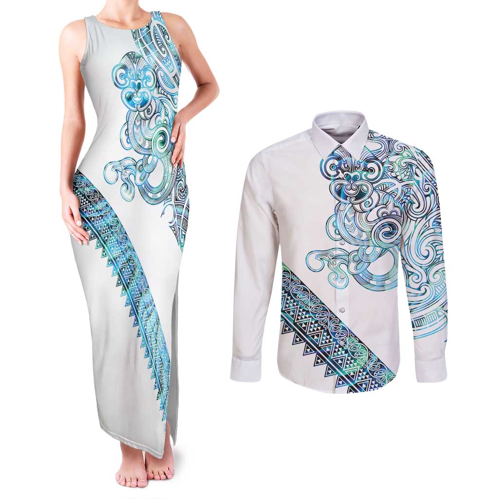 Kahui Whetu Paua shell Kowhaiwhai Taniko Personalised Couples Matching Tank Maxi Dress and Long Sleeve Button Shirt Taniwha Maori Tribal Style LT9 Blue - Polynesian Pride