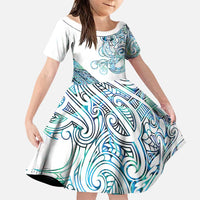 Kahui Whetu Paua shell Kowhaiwhai Taniko Personalised Family Matching Long Sleeve Bodycon Dress and Hawaiian Shirt Taniwha Maori Tribal Style LT9 Daughter's Dress Blue - Polynesian Pride