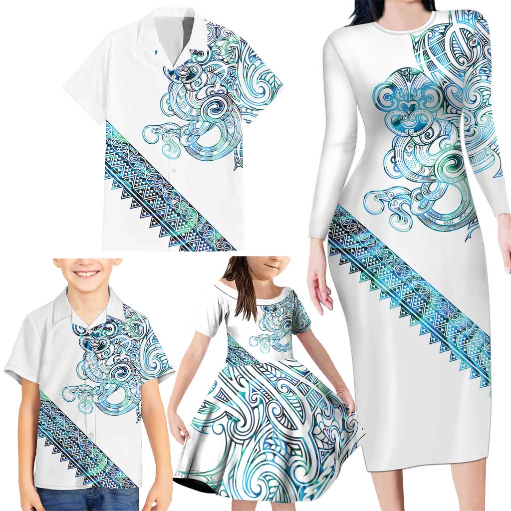Kahui Whetu Paua shell Kowhaiwhai Taniko Personalised Family Matching Long Sleeve Bodycon Dress and Hawaiian Shirt Taniwha Maori Tribal Style