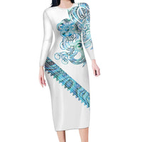 Kahui Whetu Paua shell Kowhaiwhai Taniko Personalised Family Matching Long Sleeve Bodycon Dress and Hawaiian Shirt Taniwha Maori Tribal Style LT9 Mom's Dress Blue - Polynesian Pride