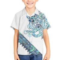 Kahui Whetu Paua shell Kowhaiwhai Taniko Personalised Family Matching Off The Shoulder Long Sleeve Dress and Hawaiian Shirt Taniwha Maori Tribal Style LT9 Son's Shirt Blue - Polynesian Pride