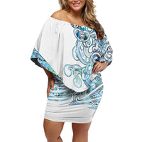 Kahui Whetu Paua shell Kowhaiwhai Taniko Personalised Family Matching Off Shoulder Short Dress and Hawaiian Shirt Taniwha Maori Tribal Style LT9 Mom's Dress Blue - Polynesian Pride