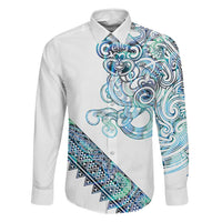 Kahui Whetu Paua shell Kowhaiwhai Taniko Personalised Family Matching Puletasi and Hawaiian Shirt Taniwha Maori Tribal Style LT9 Dad's Shirt - Long Sleeve Blue - Polynesian Pride