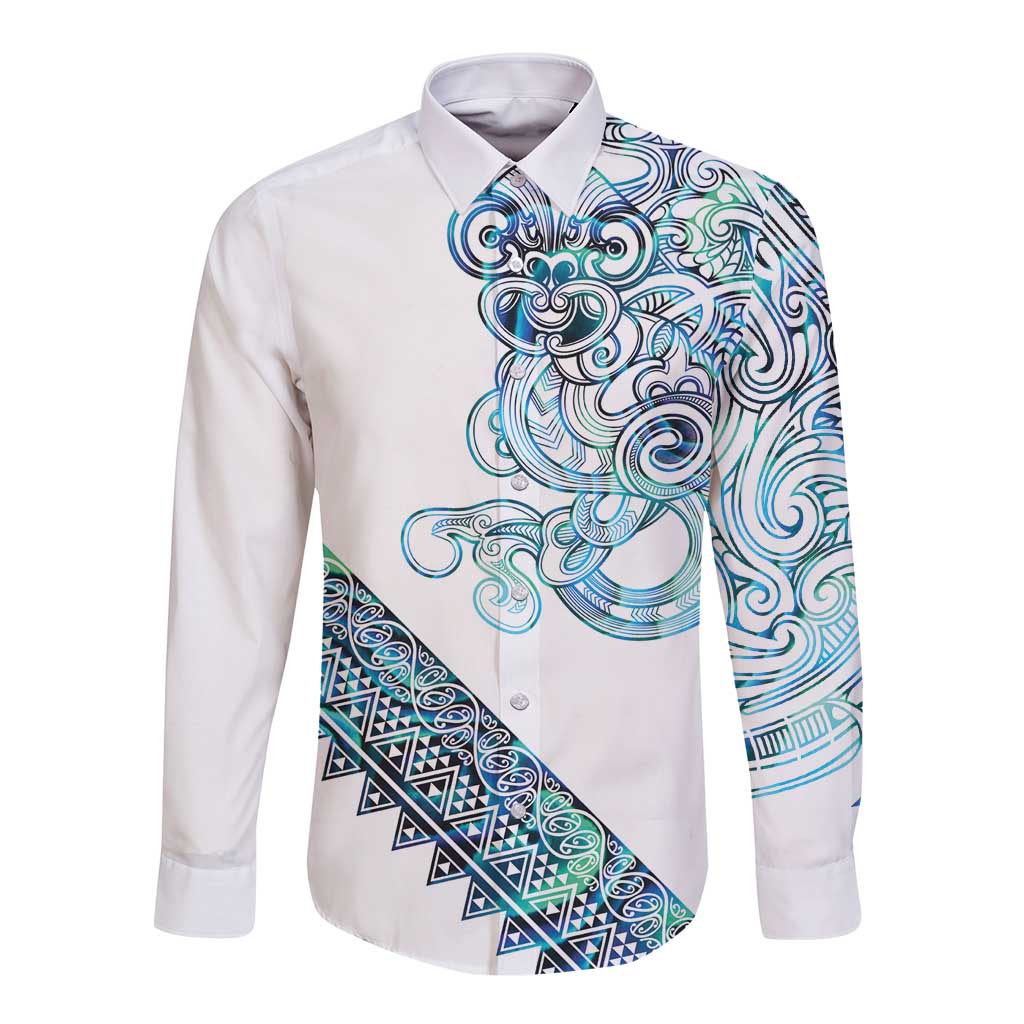 Kahui Whetu Paua shell Kowhaiwhai Taniko Personalised Long Sleeve Button Shirt Taniwha Maori Tribal Style LT9 Unisex Blue - Polynesian Pride