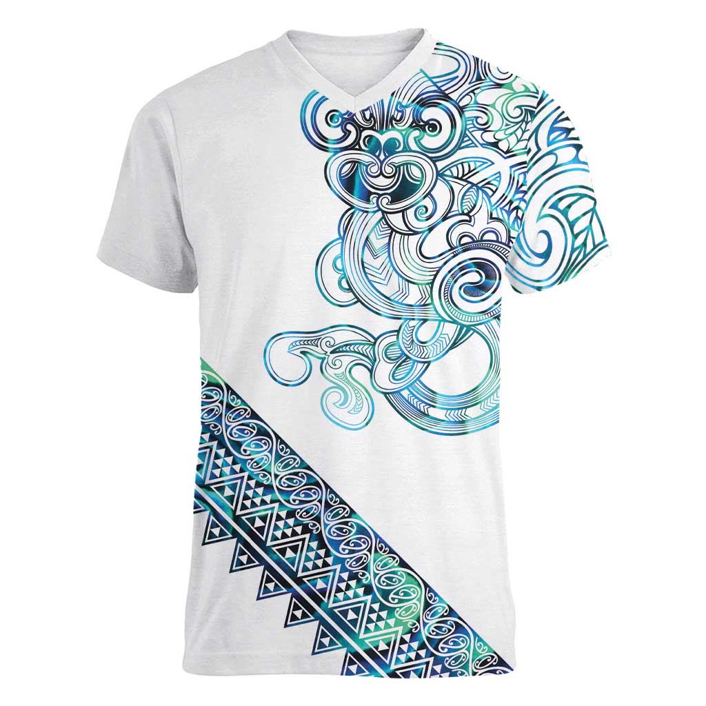 Kahui Whetu Paua shell Kowhaiwhai Taniko Personalised Women V-Neck T-Shirt Taniwha Maori Tribal Style LT9 Female Blue - Polynesian Pride