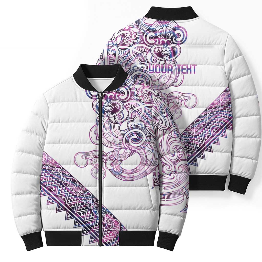 Mawhero Paua shell Kowhaiwhai Taniko Personalised Bomber Puffer Jacket Taniwha Maori Tribal Style