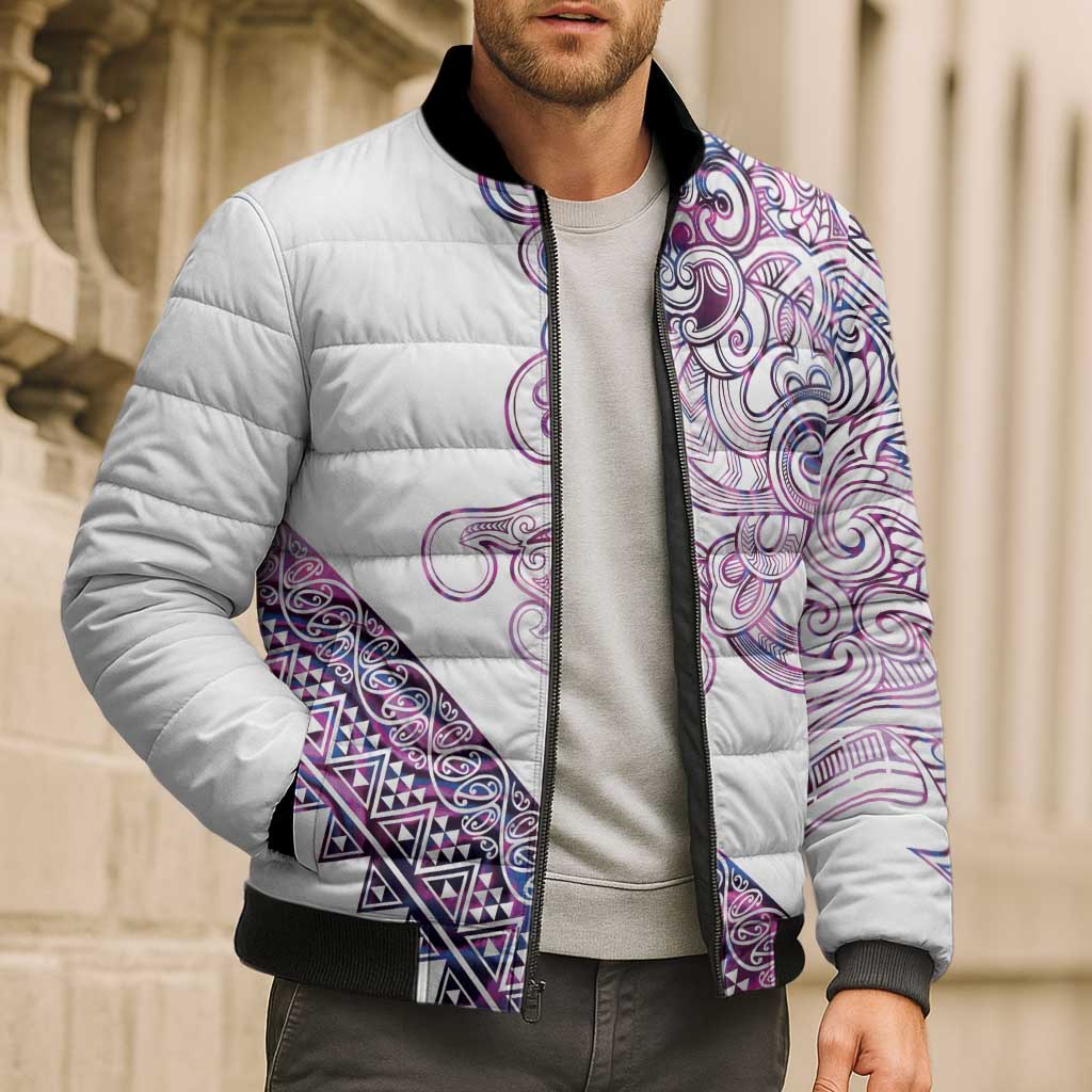 Mawhero Paua shell Kowhaiwhai Taniko Personalised Bomber Puffer Jacket Taniwha Maori Tribal Style