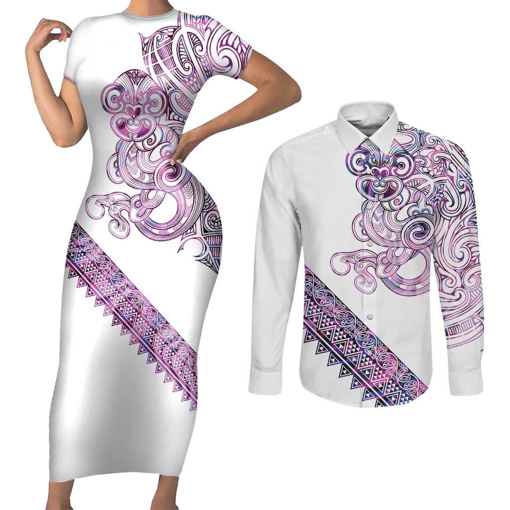 Mawhero Paua shell Kowhaiwhai Taniko Personalised Couples Matching Short Sleeve Bodycon Dress and Long Sleeve Button Shirt Taniwha Maori Tribal Style