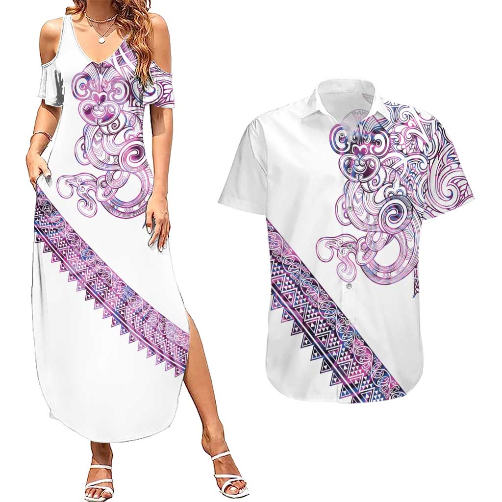 Mawhero Paua shell Kowhaiwhai Taniko Personalised Couples Matching Summer Maxi Dress and Hawaiian Shirt Taniwha Maori Tribal Style LT9 Pink - Polynesian Pride