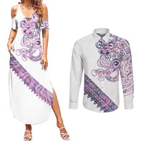 Mawhero Paua shell Kowhaiwhai Taniko Personalised Couples Matching Summer Maxi Dress and Long Sleeve Button Shirt Taniwha Maori Tribal Style LT9 Pink - Polynesian Pride