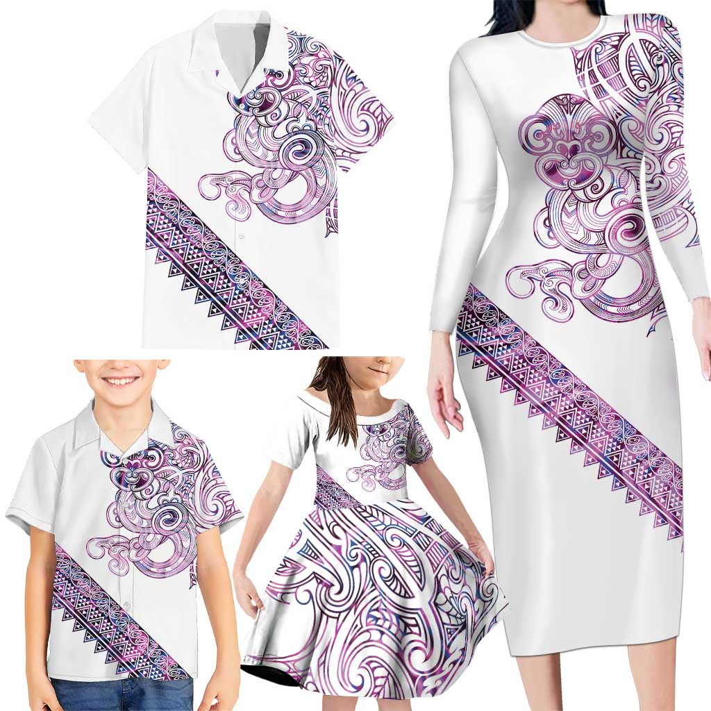 Mawhero Paua shell Kowhaiwhai Taniko Personalised Family Matching Long Sleeve Bodycon Dress and Hawaiian Shirt Taniwha Maori Tribal Style