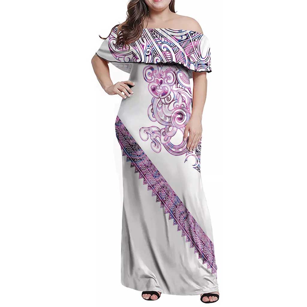 Mawhero Paua shell Kowhaiwhai Taniko Personalised Family Matching Off Shoulder Maxi Dress and Hawaiian Shirt Taniwha Maori Tribal Style LT9 Mom's Dress Pink - Polynesian Pride