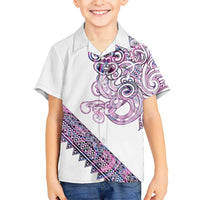 Mawhero Paua shell Kowhaiwhai Taniko Personalised Family Matching Off Shoulder Maxi Dress and Hawaiian Shirt Taniwha Maori Tribal Style LT9 Son's Shirt Pink - Polynesian Pride