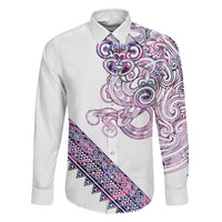 Mawhero Paua shell Kowhaiwhai Taniko Personalised Family Matching Off Shoulder Short Dress and Hawaiian Shirt Taniwha Maori Tribal Style LT9 Dad's Shirt - Long Sleeve Pink - Polynesian Pride