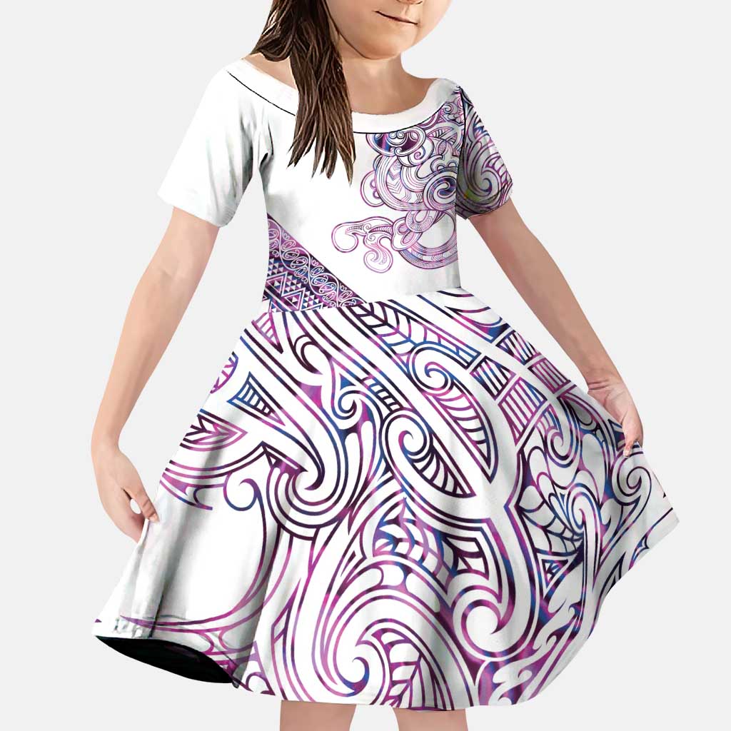 Mawhero Paua shell Kowhaiwhai Taniko Personalised Family Matching Puletasi and Hawaiian Shirt Taniwha Maori Tribal Style LT9 Daughter's Dress Pink - Polynesian Pride